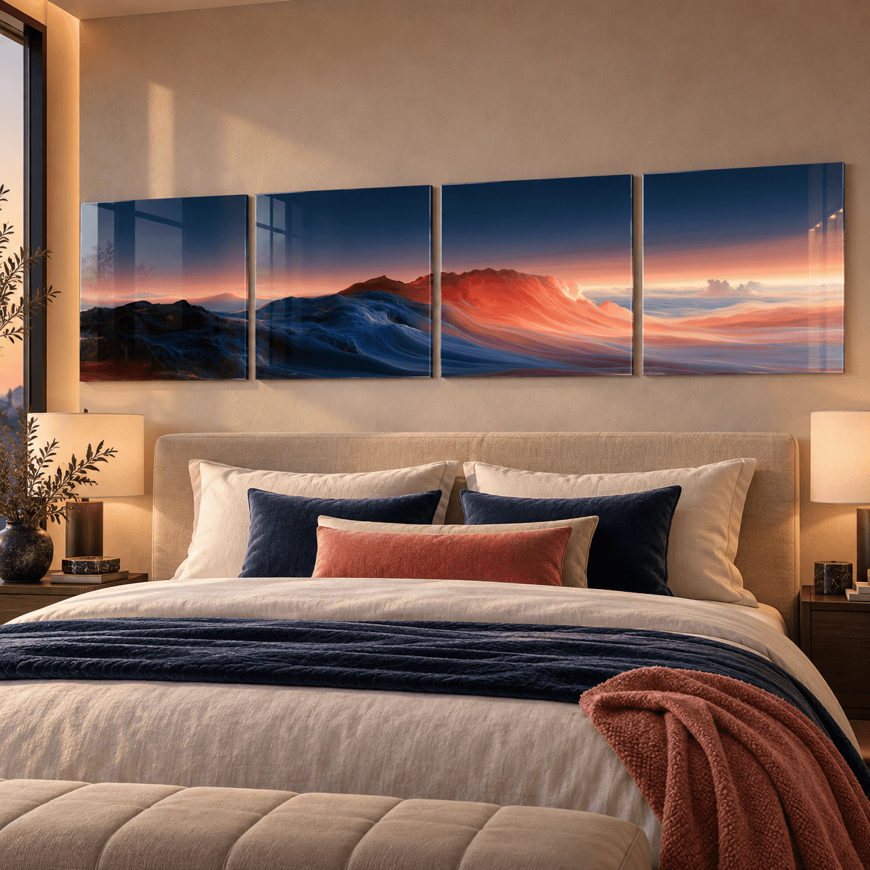 Abstract sunset 4-piece glass art hung above a bed with navy and rust pillows